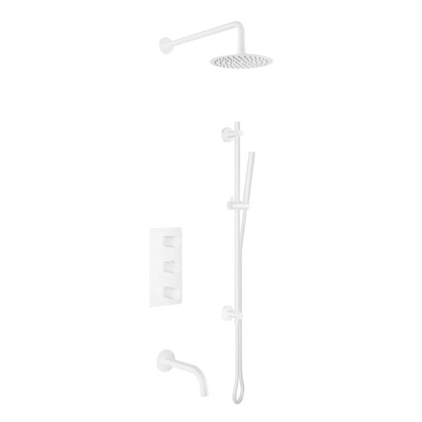 Matte White Thermostatic Shower / Tub Set Including Shower Head, Handshower On Rail, Valve And Spout