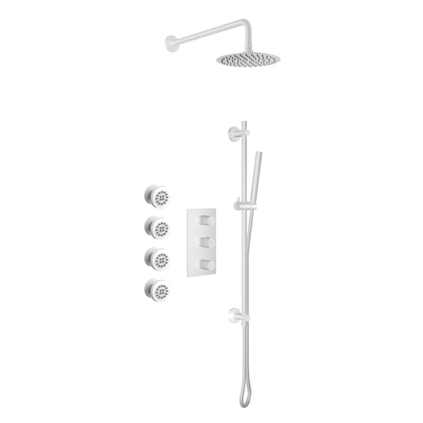 Thermostatic Shower Set Including Shower Head, Handshower On Rail And Valve In Matte White